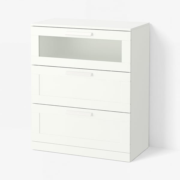 BRIMNES Commode 3 tiroirs, blanc/verre givré, 78x46x95 cm