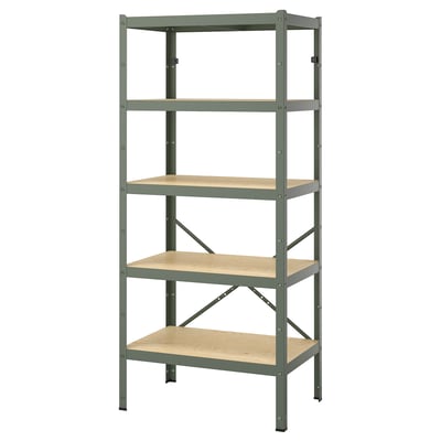 BROR Étagère, avec 5 tablettes gris vert/contreplaqué de pin, 85x55x190 cm
