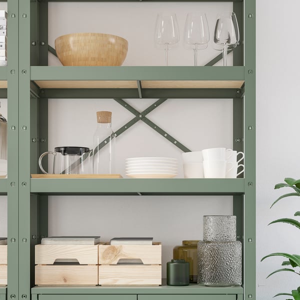 BROR Étagère avec rangement, gris vert/contreplaqué de pin, 170x40x190 cm