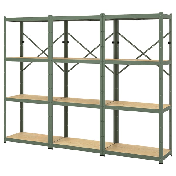 BROR Étagère, gris vert/contreplaqué de pin, 254x40x190 cm