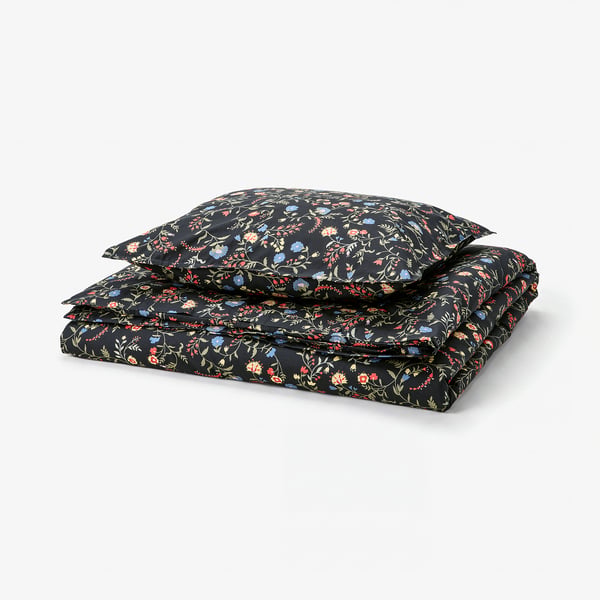 BRUDKRUSBÄR Housse de couette et 1 taie, noir multicolore/motif floral, 150x200/50x60 cm