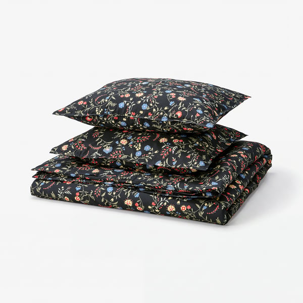 BRUDKRUSBÄR Housse de couette et 2 taies, noir multicolore/motif floral, 240x220/50x60 cm