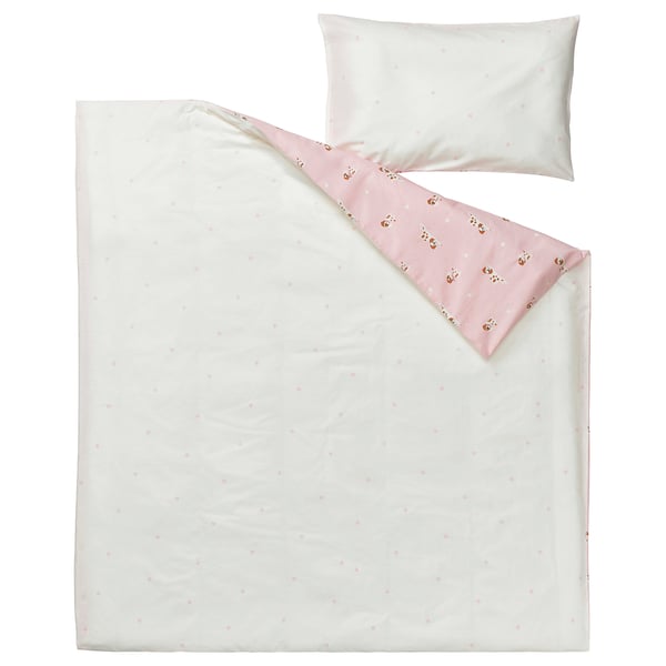 DRÖMSLOTT Housse couette+1 taie pour lit bébé, motif chiot/rose, 110x125/35x55 cm