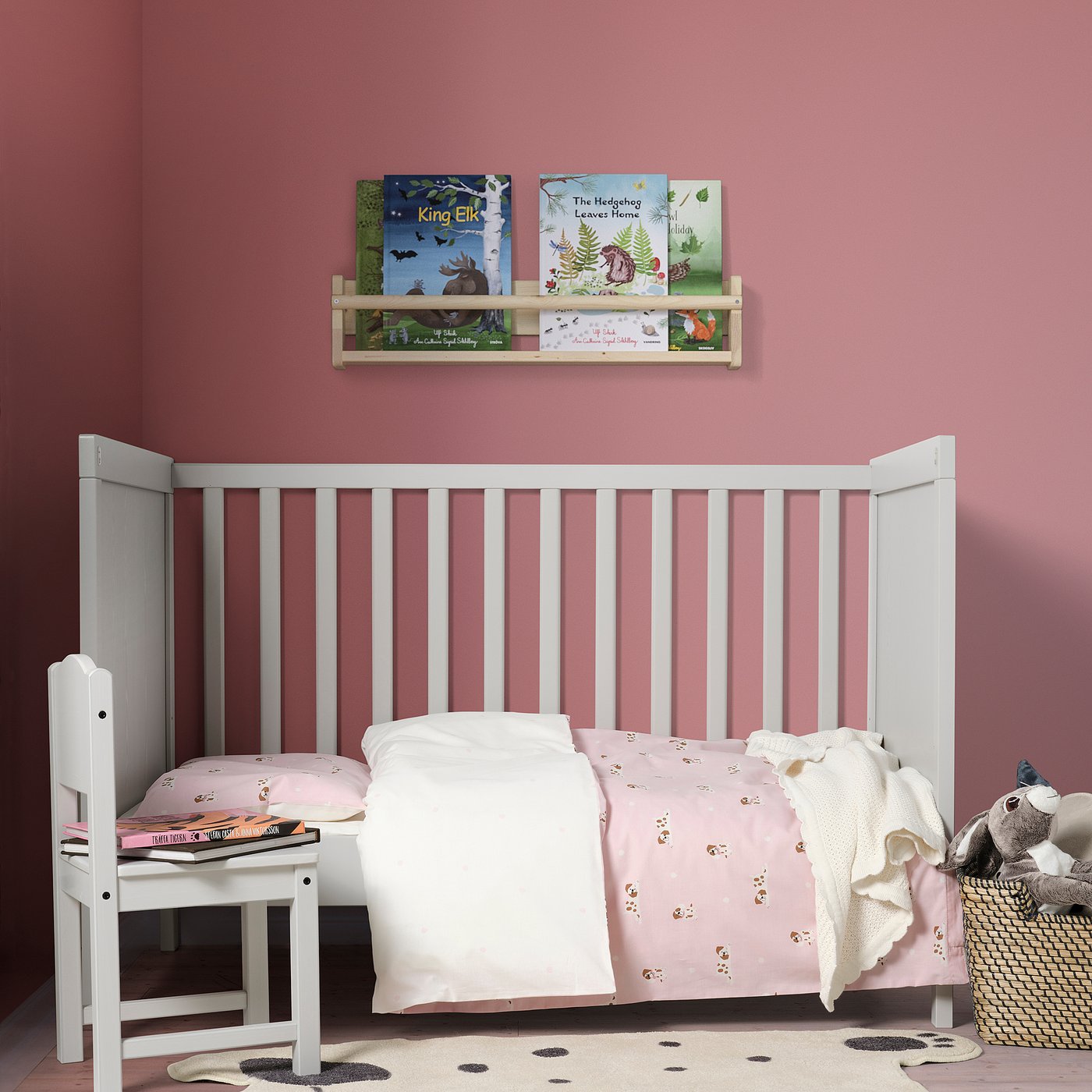 DRÖMSLOTT Housse couette+1 taie pour lit bébé, motif chiot/rose, 110x125/35x55 cm