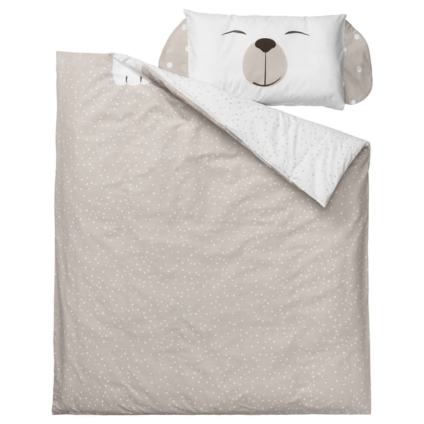 DRÖMSLOTT Linge de lit enfant, 3 pièces, motif chiot/beige, 60x120 cm