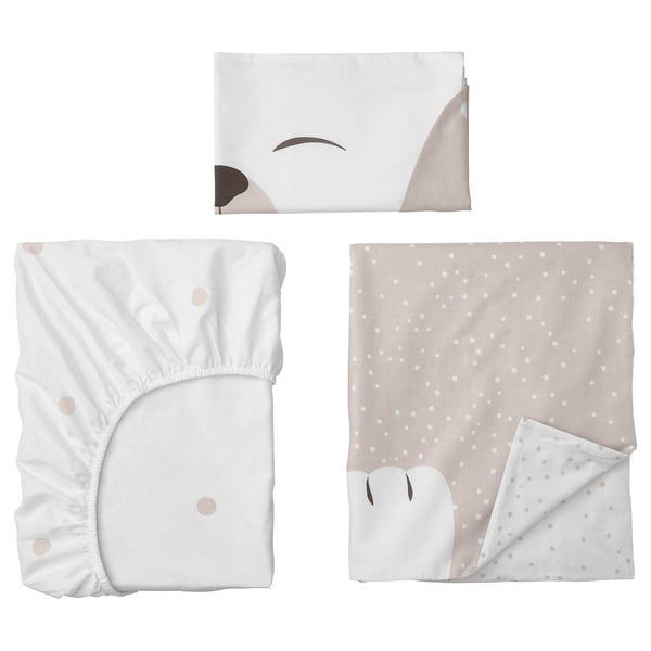DRÖMSLOTT Linge de lit enfant, 3 pièces, motif chiot/beige, 60x120 cm
