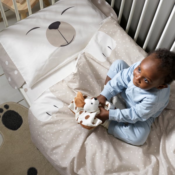 DRÖMSLOTT Linge de lit enfant, 3 pièces, motif chiot/beige, 60x120 cm