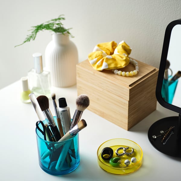 DVÄRGHÖK Bougie parfumée pot verre couvercle, Feuille de figuier bleu/jaune clair, 50 hr