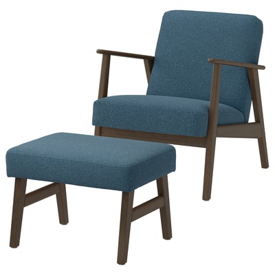 EKENÄSET Fauteuil avec repose-pieds, motif noyer/Axvall bleu gris foncé