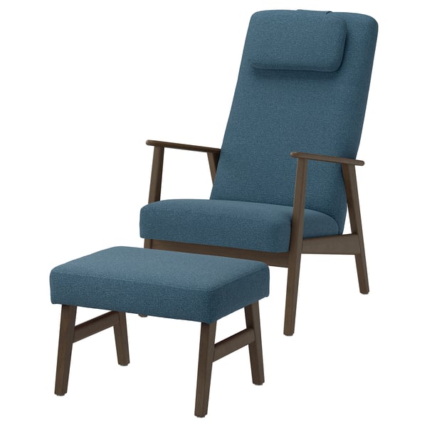 EKENÄSET Fauteuil haut et repose-pieds, motif noyer/Axvall bleu gris foncé