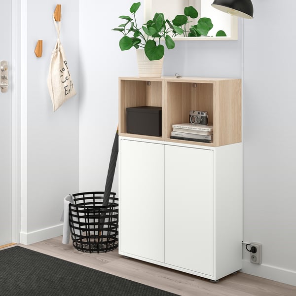 EKET Combinaison rangement avec pieds, blanc/effet chêne blanchi, 70x35x107 cm