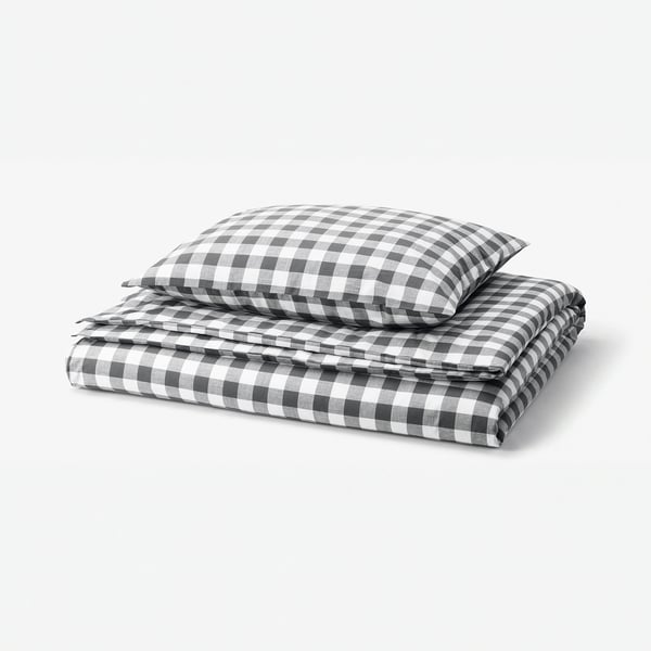 EKTANDVINGE Housse de couette et 1 taie, anthracite blanc/carreaux, 150x200/50x60 cm