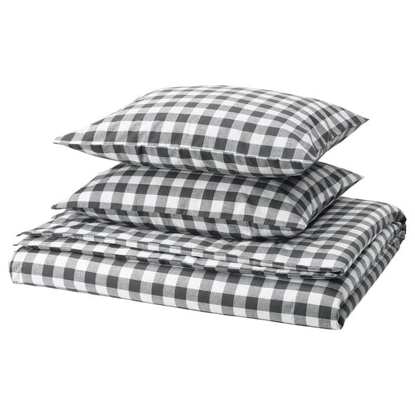 EKTANDVINGE Housse de couette et 2 taies, anthracite blanc/carreaux, 240x220/50x60 cm
