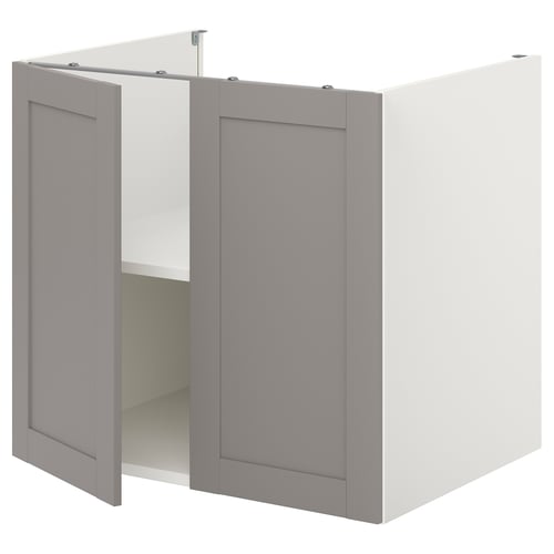 ENHET Élément bas avec tablette/portes, blanc/gris avec cadre, 80x62x75 cm