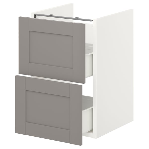 ENHET Élément bas lavabo av 2 tiroirs, blanc/gris avec cadre, 40x42x60 cm