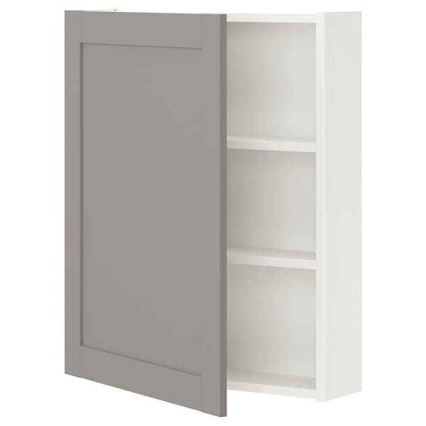 ENHET Élément mur av 2 tablettes/porte, blanc/gris avec cadre, 60x17x75 cm