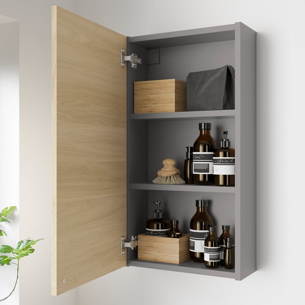 ENHET Élément mur av 2 tablettes/porte, gris/motif chêne, 40x17x75 cm