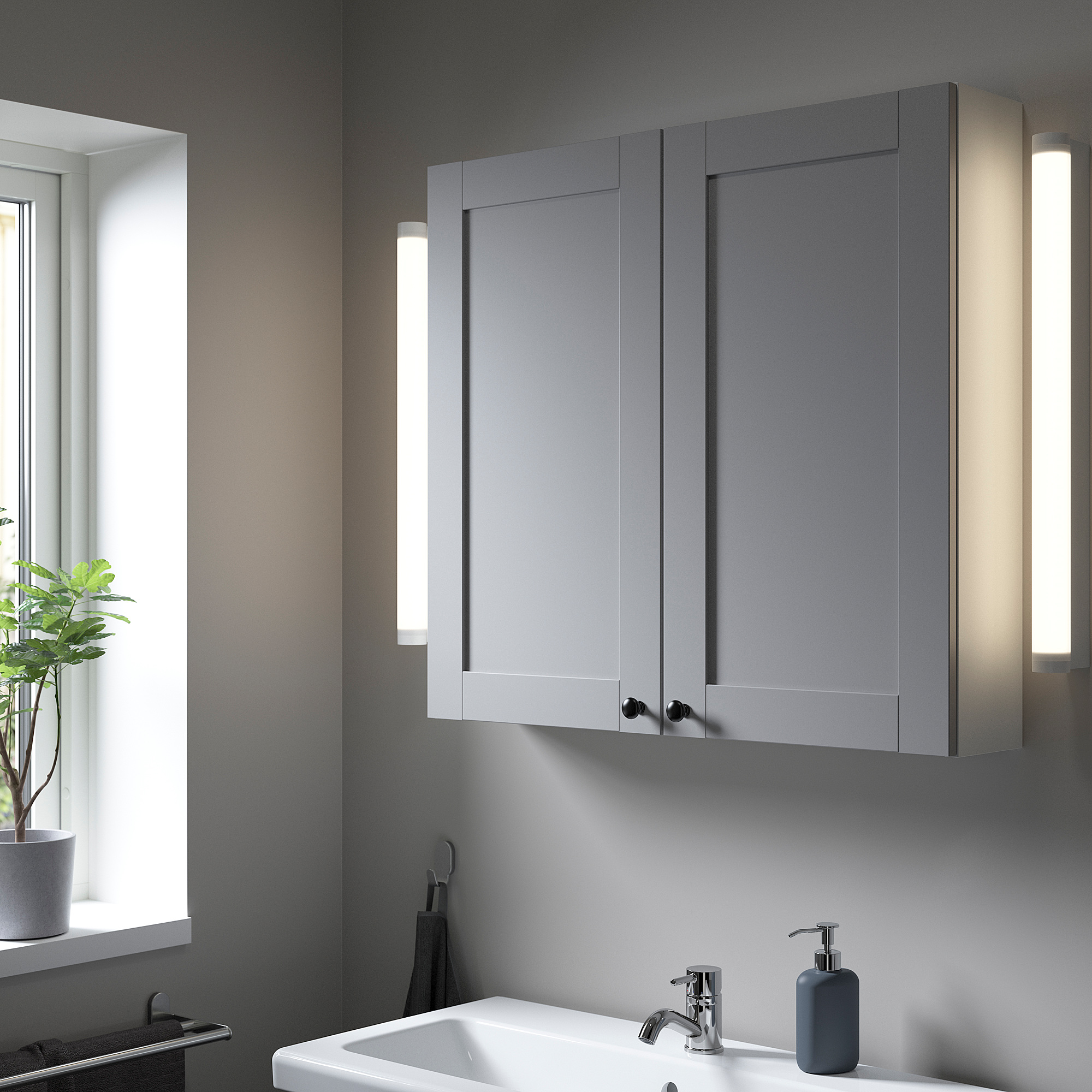 ENHET Élément mural 2 tablettes/portes, blanc/gris avec cadre, 80x17x75 cm