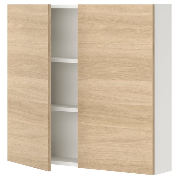 ENHET Élément mural 2 tablettes/portes, blanc/motif chêne, 80x17x75 cm
