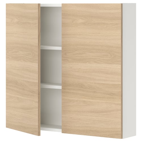 ENHET Élément mural 2 tablettes/portes, blanc/motif chêne, 80x17x75 cm