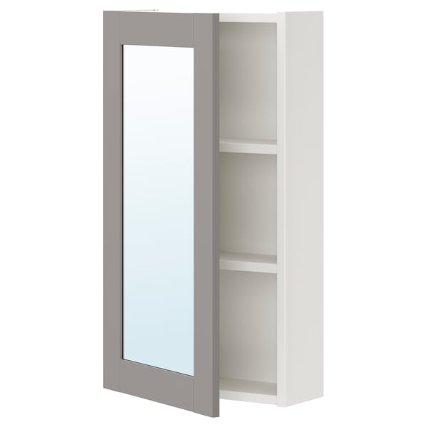 ENHET Meuble à miroir 1 porte, blanc/gris avec cadre, 40x17x75 cm
