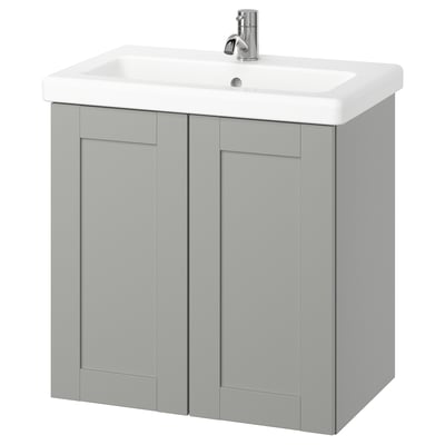 ENHET / TVÄLLEN Meuble avec portes/vasque/mitigeur, gris/gris avec cadre, 64x43x65 cm