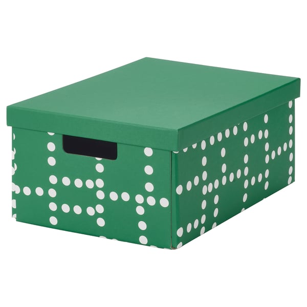 FJÄDERHARV Boîte de rangement avec couvercle, vert/à pois, 25x35x16 cm