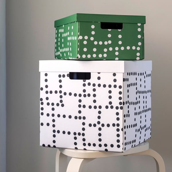 FJÄDERHARV Boîte de rangement avec couvercle, vert/à pois, 25x35x16 cm