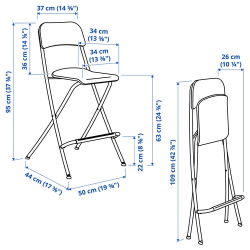 FRANKLIN Chaise de bar, pliante, hauteur plateau blanc/blanc, 63 cm