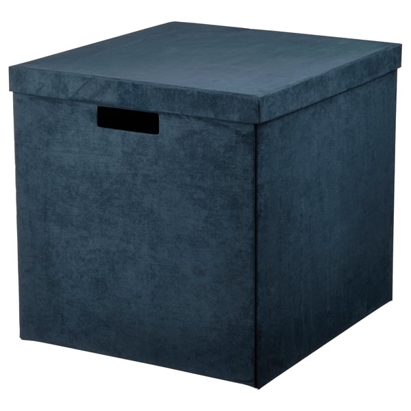GJÄTTA Boîte de rangement avec couvercle, velours bleu foncé, 32x35x32 cm