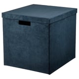 GJÄTTA Boîte de rangement avec couvercle, velours bleu foncé, 32x35x32 cm