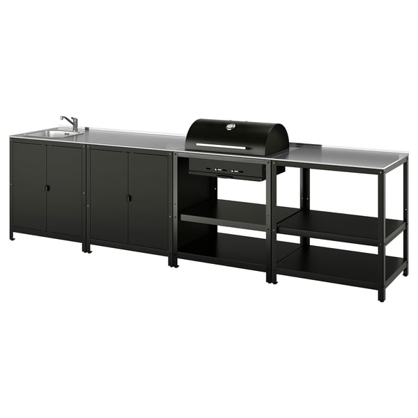 GRILLSKÄR Meuble évier/barbecue charbon, ext, acier inoxydable, 344x61 cm