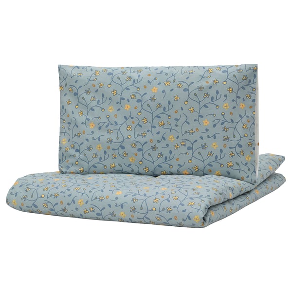GULDVÄVARE Housse couette+1 taie pour lit bébé, bleu/blanc motif floral, 110x125/35x55 cm