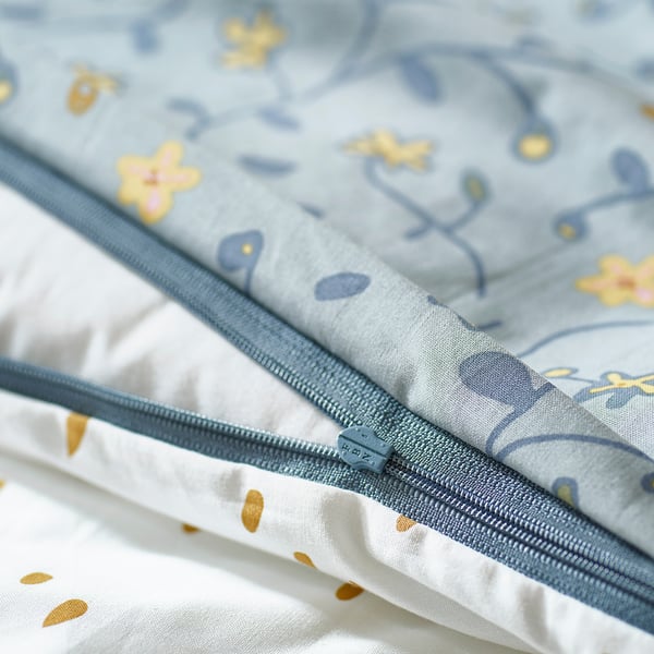 GULDVÄVARE Housse couette+1 taie pour lit bébé, bleu/blanc motif floral, 110x125/35x55 cm
