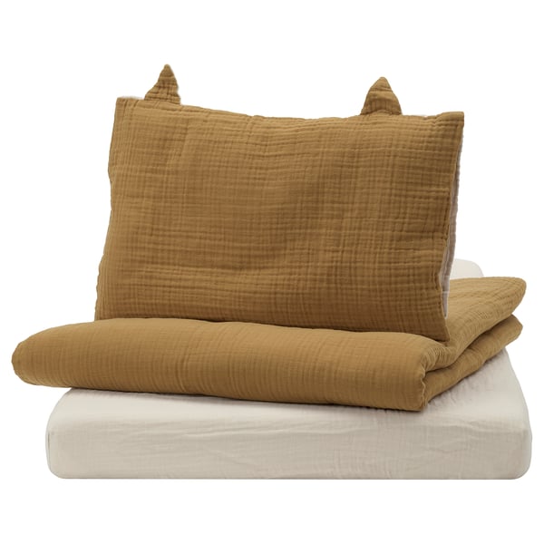 GULDVÄVARE Linge de lit enfant, 3 pièces, jaune foncé/beige, 60x120 cm