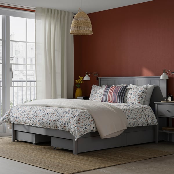 GULLABERG Cadre de lit+4boîtes de rangement, gris, 160x200 cm