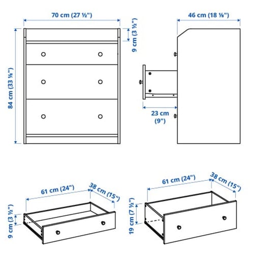 HAUGA Commode 3 tiroirs, blanc, 70x46x84 cm