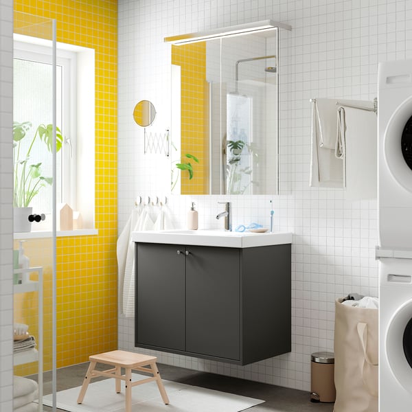 HAVBÄCK Meuble lavabo avec portes, gris foncé, 80x48x63 cm