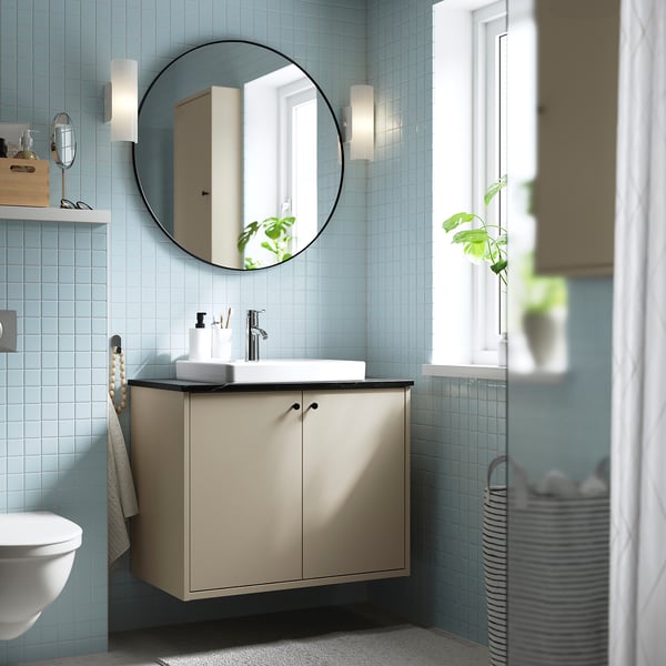 HAVBÄCK / ORRSJÖN Meuble avec portes/vasque/mitigeur, beige/noir marbré, 82x49x71 cm