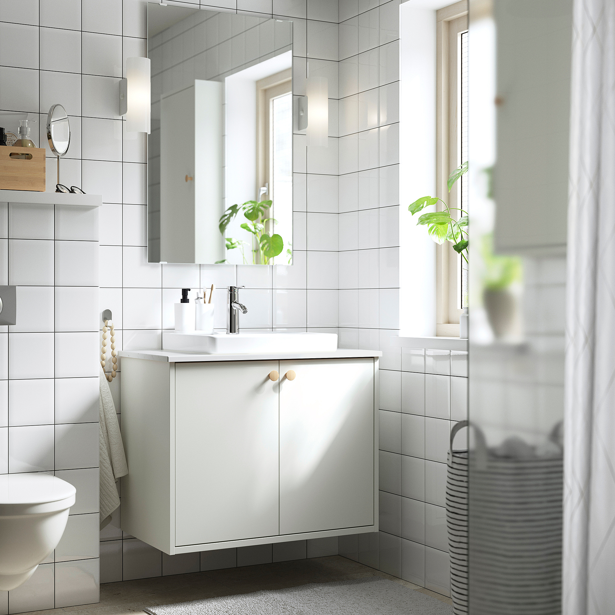 HAVBÄCK / ORRSJÖN Meuble avec portes/vasque/mitigeur, blanc/blanc marbré, 82x49x71 cm
