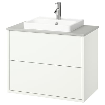 HAVBÄCK / ORRSJÖN Meuble avec tiroirs/vasque/mitigeur, blanc/gris motif pierre, 82x49x71 cm