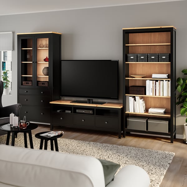 HEMNES Combinaison meuble TV, brun noir/brun clair verre transparent, 326x197 cm