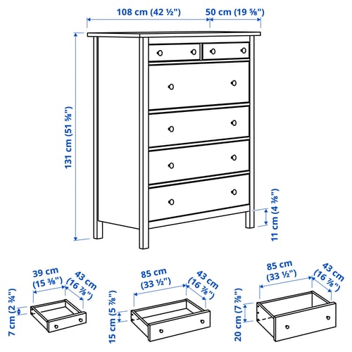 HEMNES Commode 6 tiroirs, teinté blanc, 108x131 cm