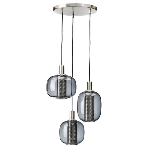 HÖGVIND Suspension à 3 lampes, nickelé/gris verre, 41 cm