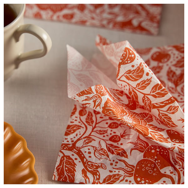 HÖSTAGILLE Serviettes en papier, motif floral blanc/orange, 33x33 cm