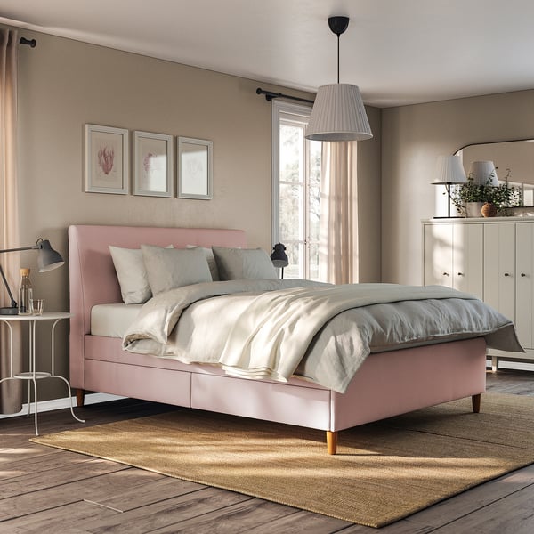 IDANÄS Lit avec rangement matelassé, Gunnared rose pâle, 160x200 cm