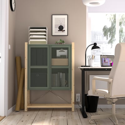 IVAR Armoire avec portes, pin/gris vert grillage, 89x30x124 cm