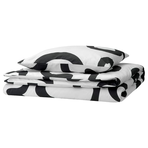 KLIPPBRÄCKA Housse de couette et 1 taie, blanc/noir, 150x200/50x60 cm
