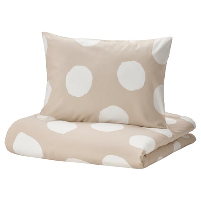 KLYNNETÅG Housse de couette et 1 taie, beige/blanc/à pois, 150x200/50x60 cm