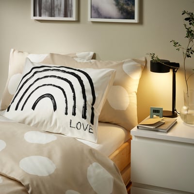 KLYNNETÅG Housse de couette et 1 taie, beige/blanc/à pois, 150x200/50x60 cm